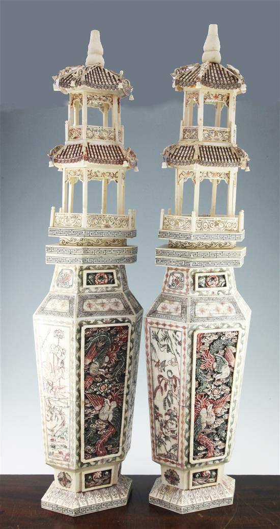 A pair of large Oriental sectional bone pagoda vases, 101cm